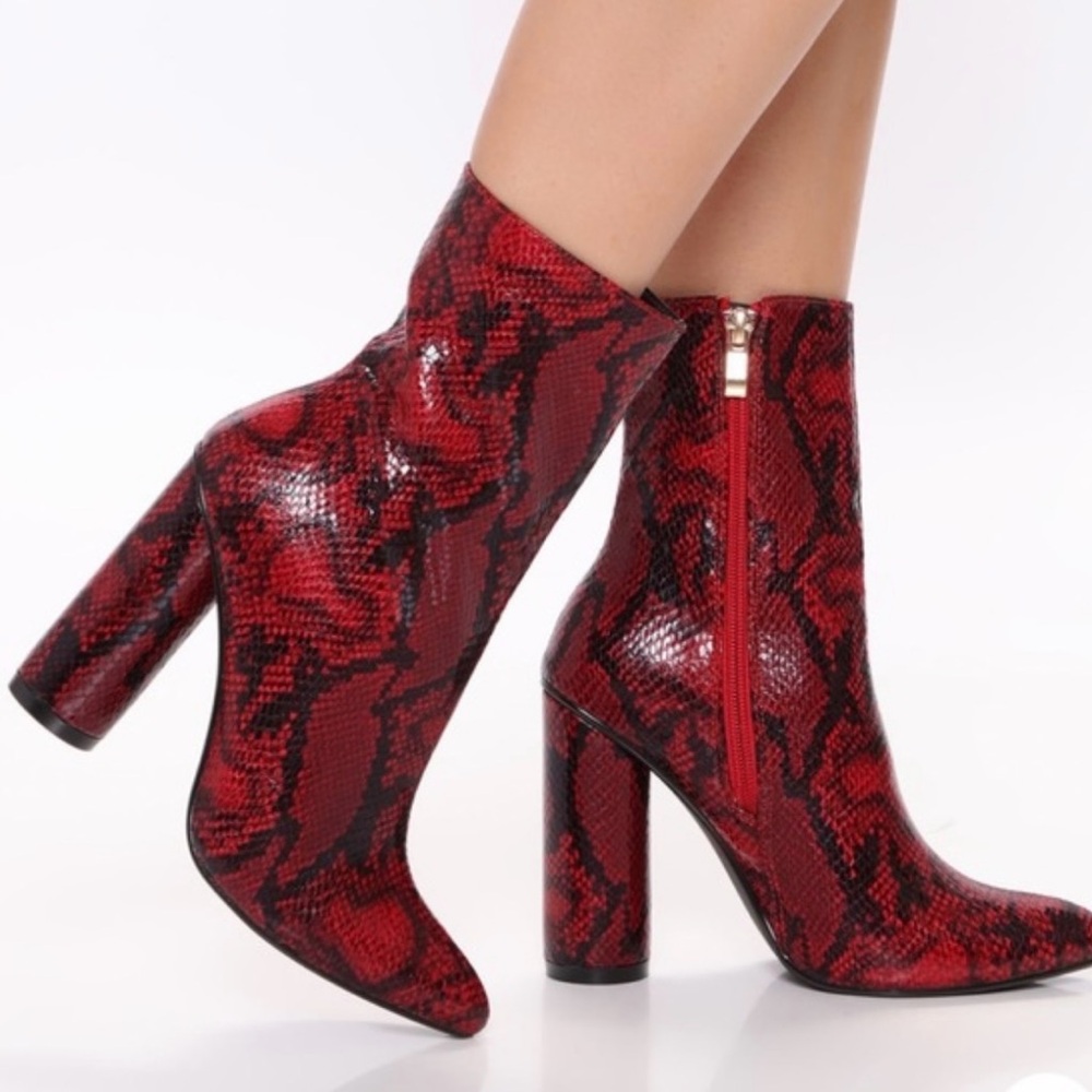 Fashion Nova Red Snake-Print Chunky Heel Ankle Boots